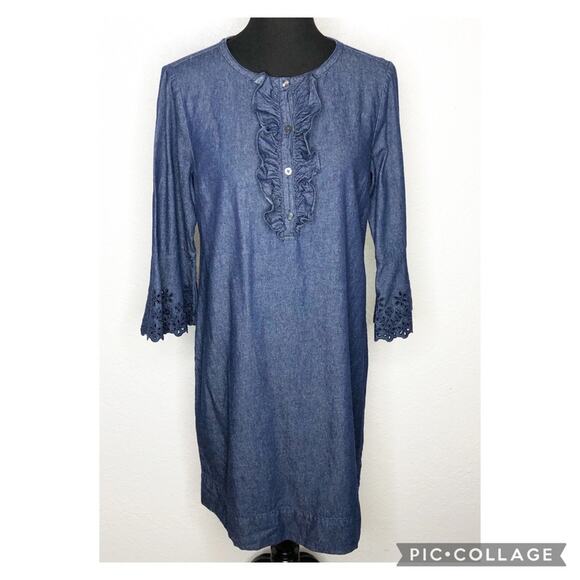 Draper James chambray denim blue ruffle front eyelet sleeve shift dress size 10 - Picture 2 of 15
